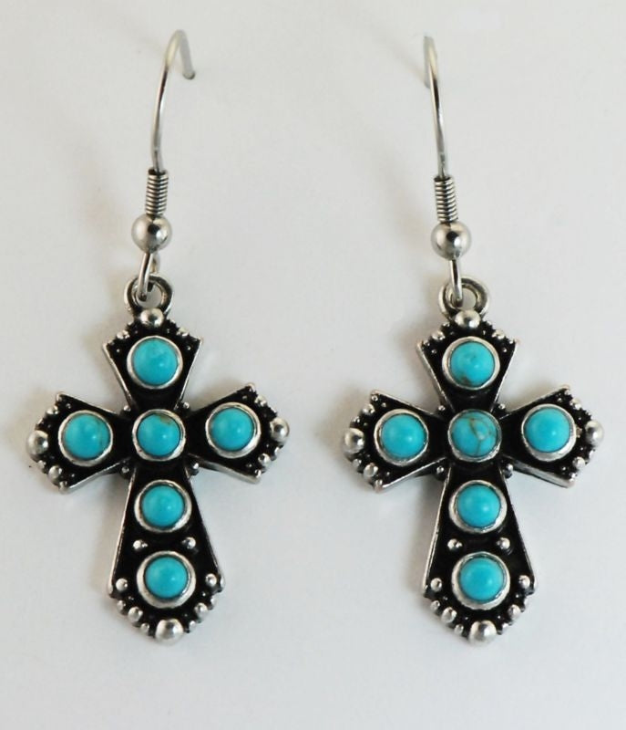 Western Edge Stone Cross Dangle Earrings
