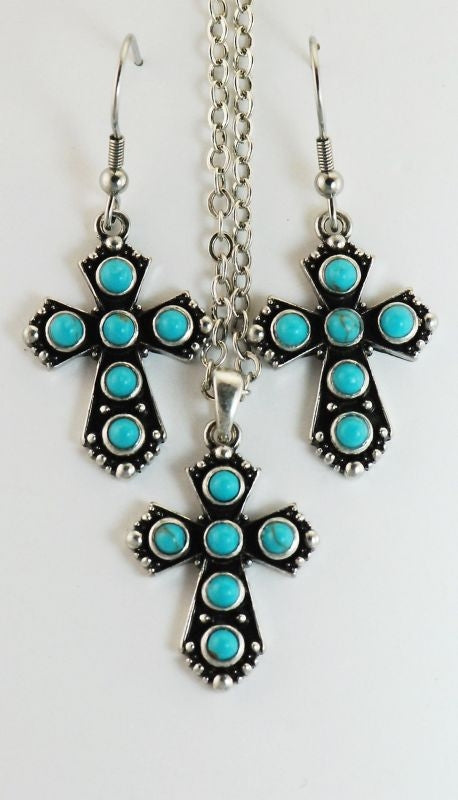 Western Edge Stone Cross Dangle Earrings Necklace
