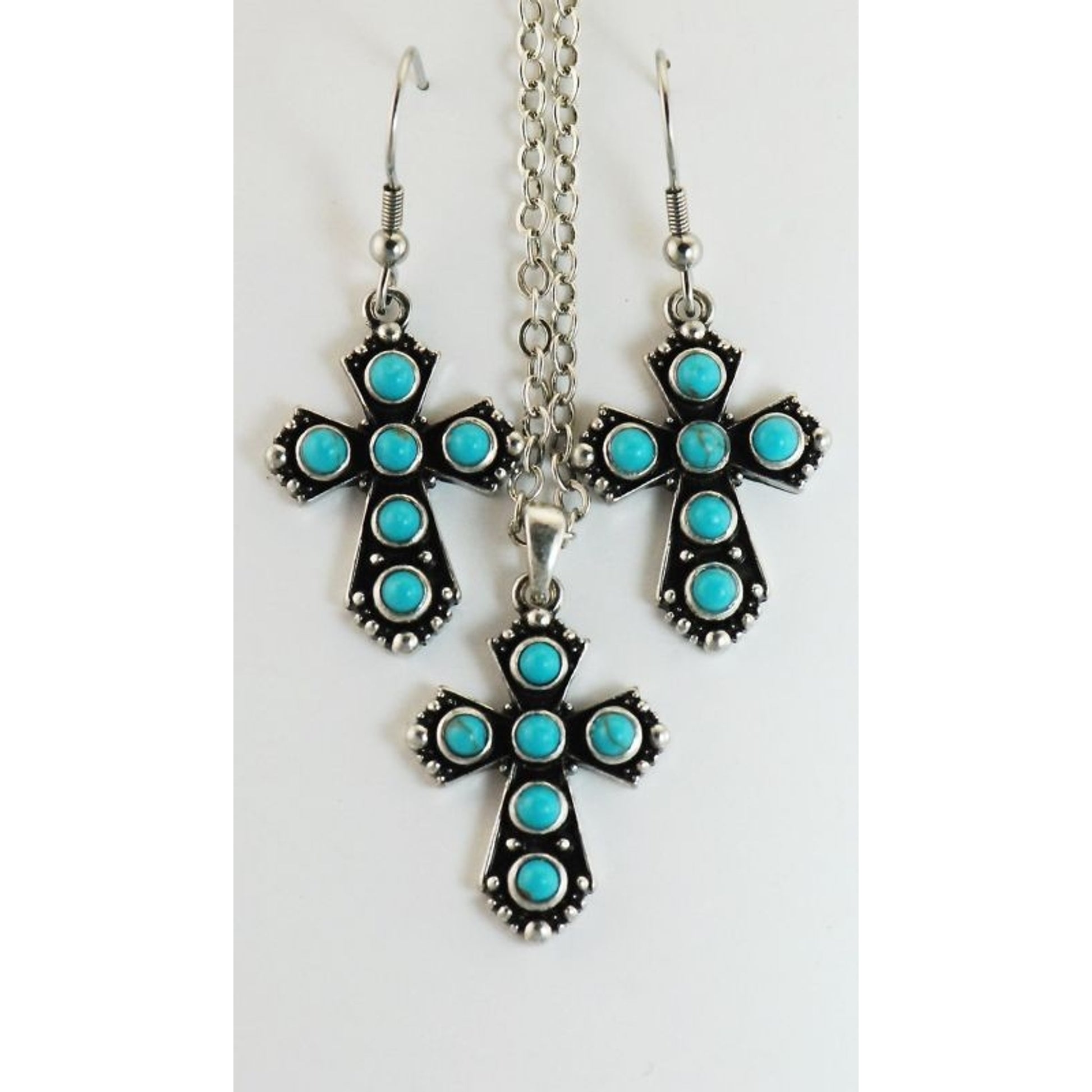 Western Edge Stone Cross Dangle Earrings Necklace