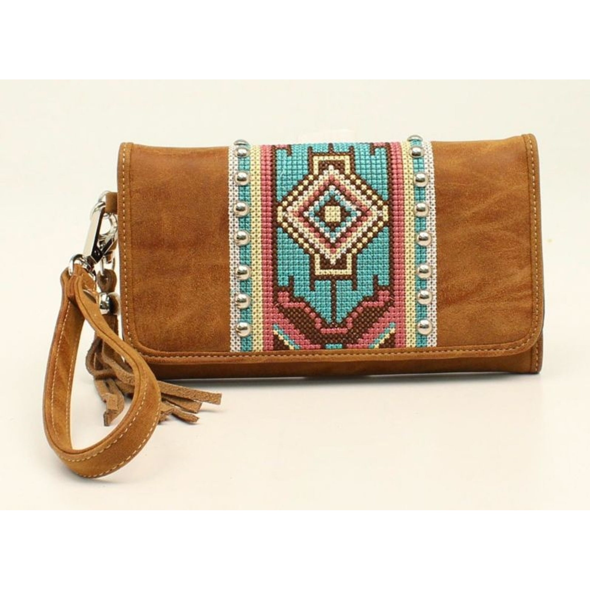 Nocona Shania Aztec Ribbon Fringe ClutchBk/Wh