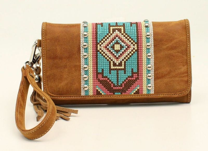 Nocona Shania Aztec Ribbon Fringe ClutchBk/Wh