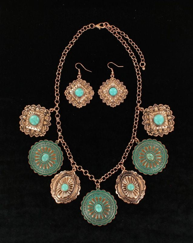 Western Concho Disc Necklace/Earrings Turq/Copper