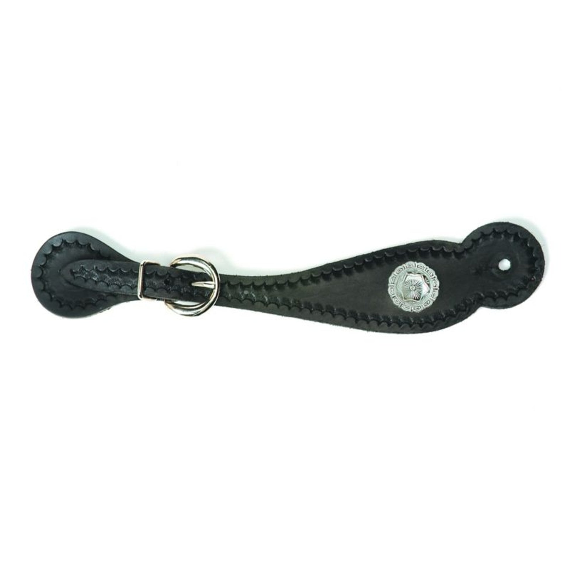 Border Stamped Black Spur Straps With Concha Black