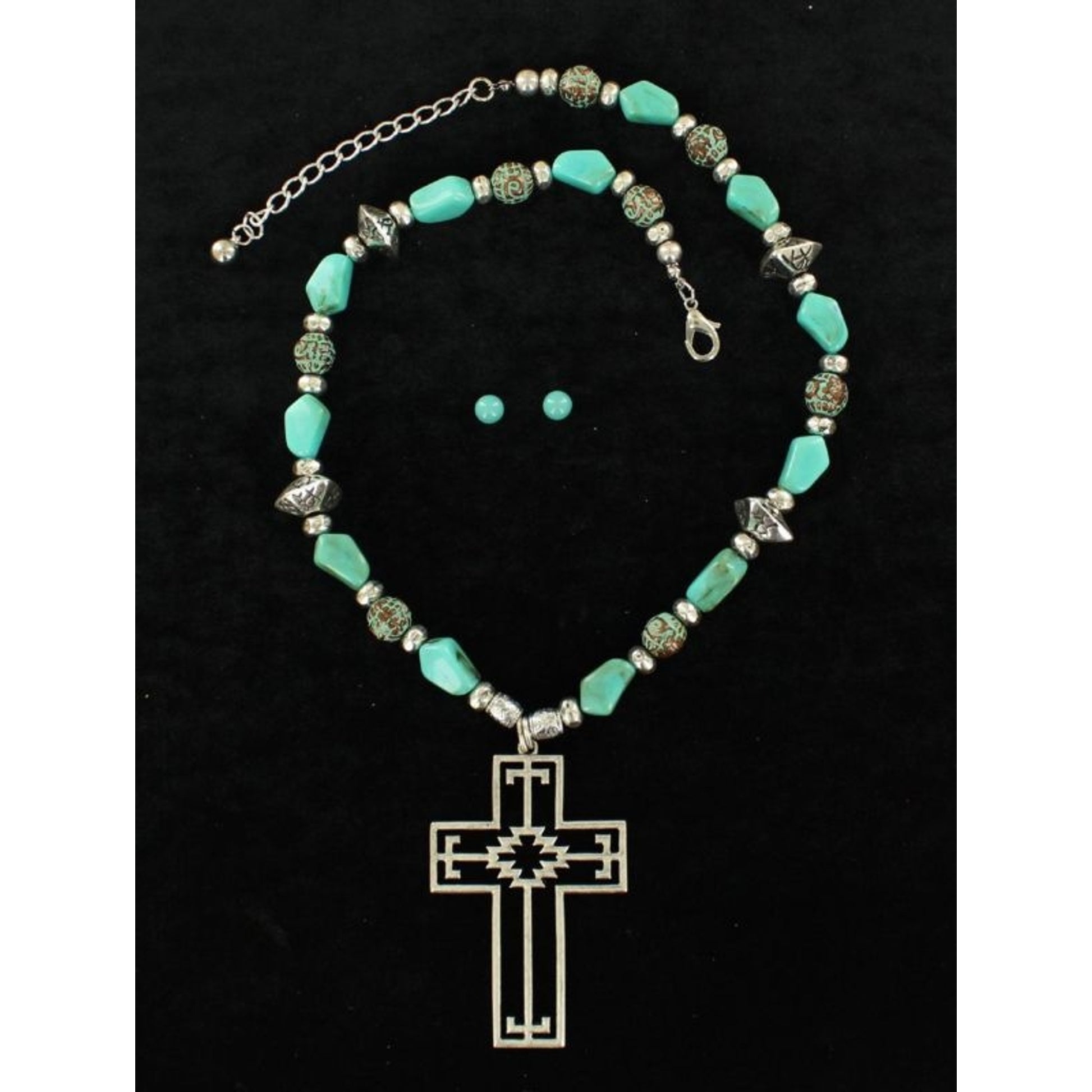 Chunk Stone Aztec Cross Necklace/Earrings SetTurq