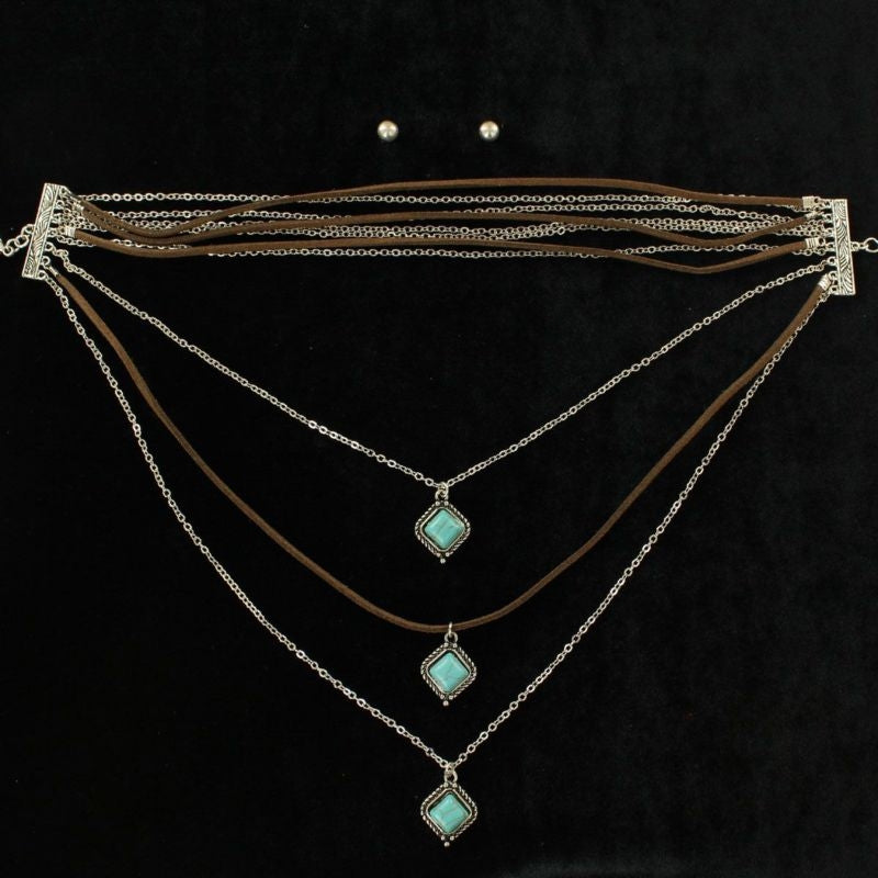 Multi Diamond Stone Chain Choker/Earring SetBk/Wh