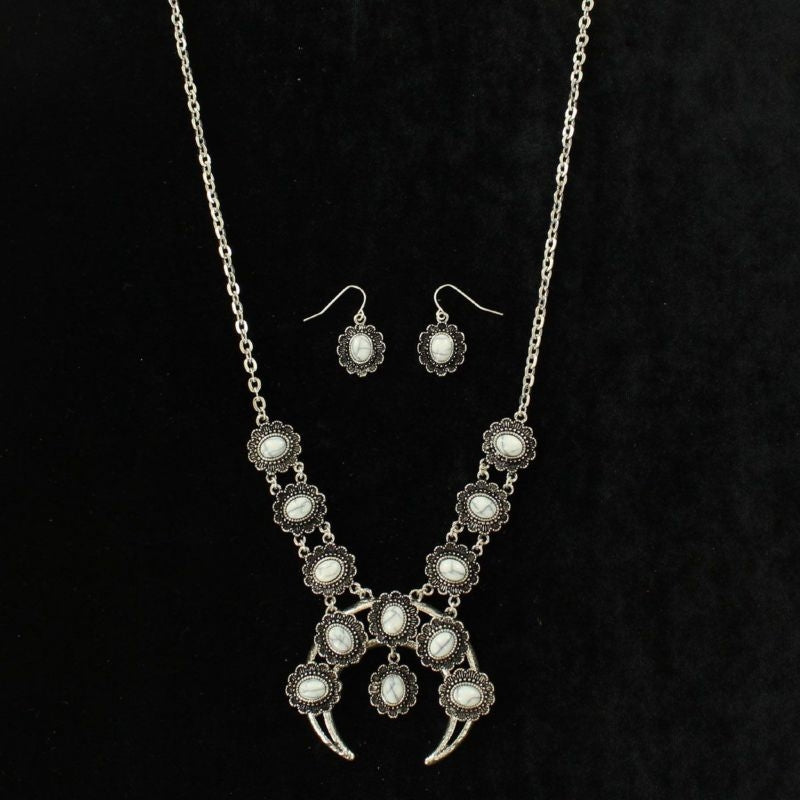 OvalStone Single Squash Blossom Neck/Ear SetBk/Wh