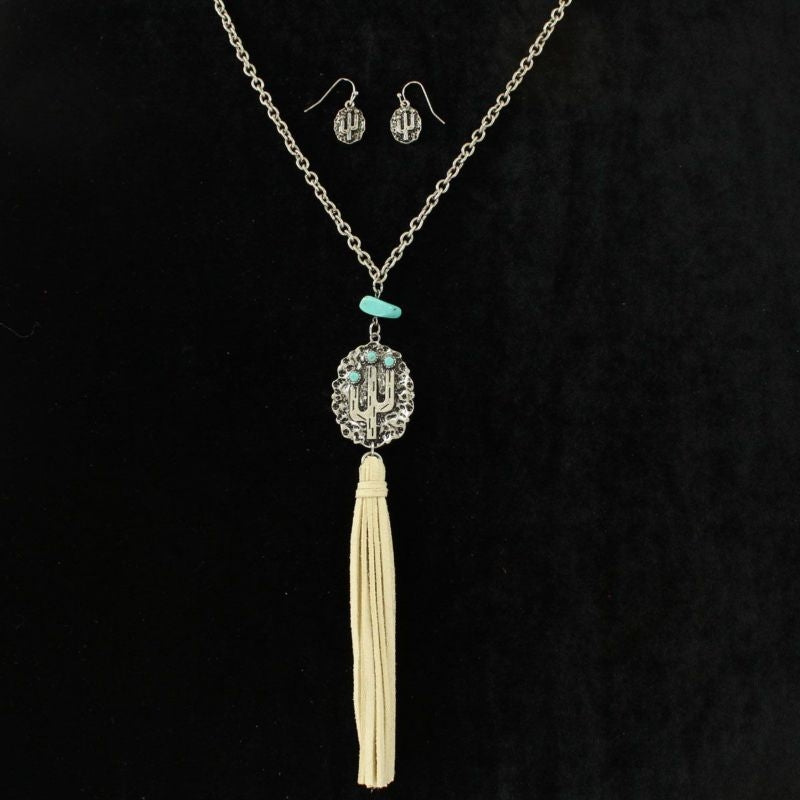 LongFringe Stone Cactus Necklace/Earring SetBk/Wh