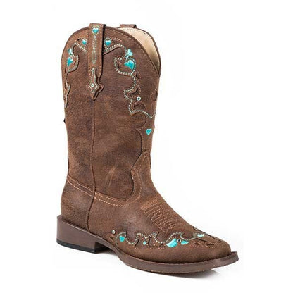 Roper Kids Hearts Bling W Sq Toe Boots 1 Brn