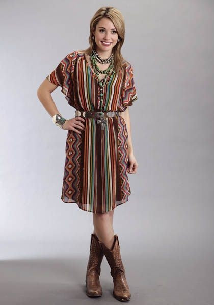 Ladies Serape Printed Chiffon Dress MD Brown