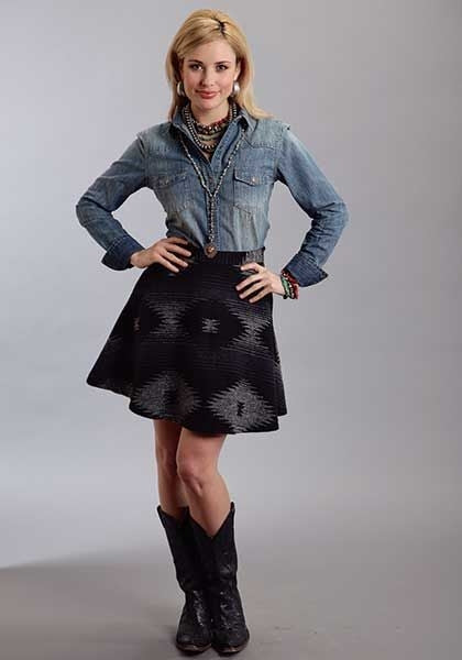 Stetson Ladies Aztec Blend Skater Skirt 10 Blk