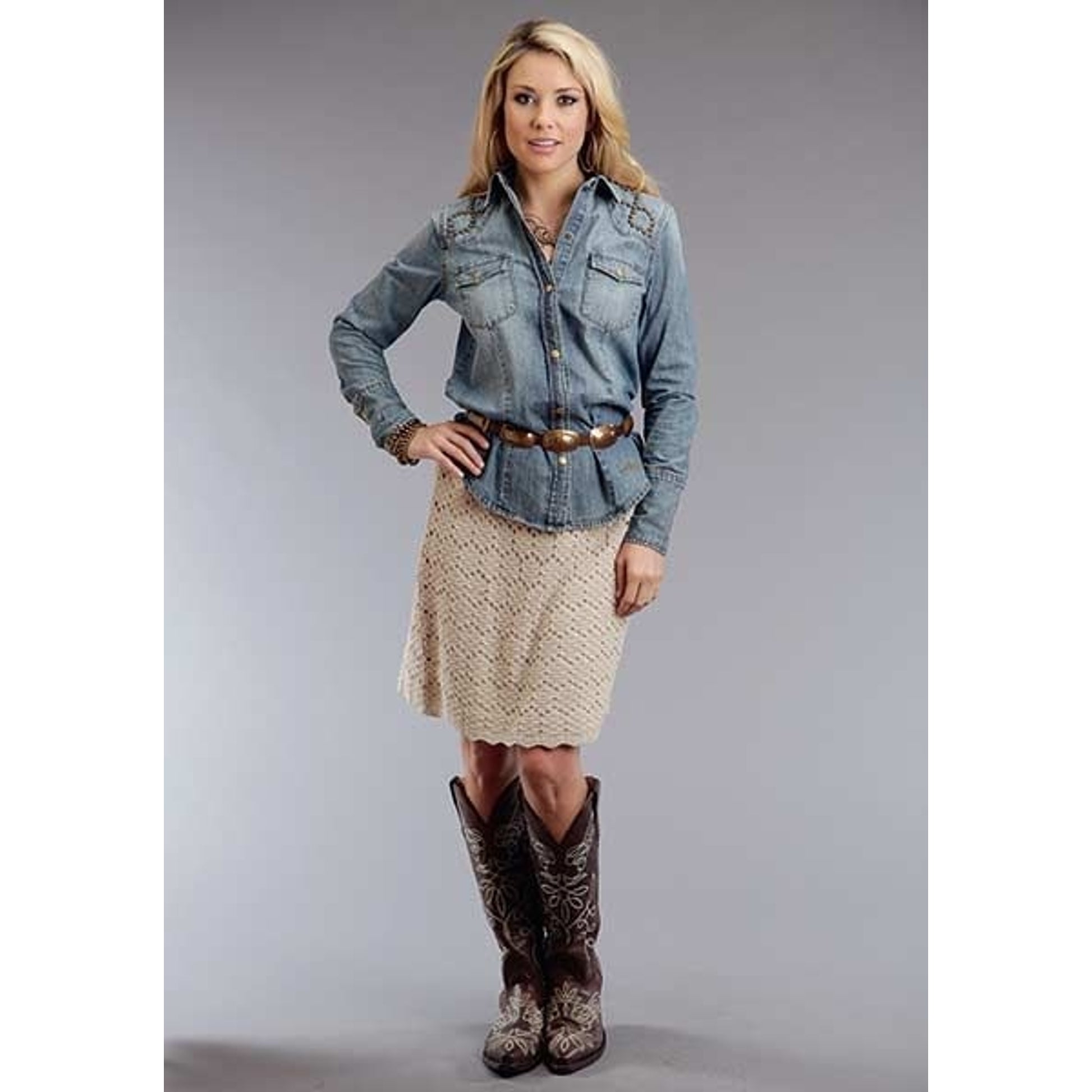 Ladies Denim LS Stud Embellished Blouse LG Blue