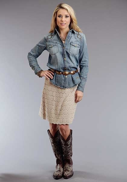 Ladies Denim LS Stud Embellished Blouse LG Blue