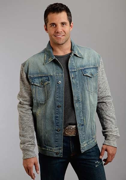 Mens Knit Sleeve Stretch Denim Jacket 2X Blue