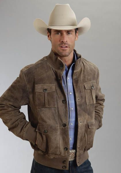 Mens Rib Knit Collar Distress Suede Jacket 2XL Brn