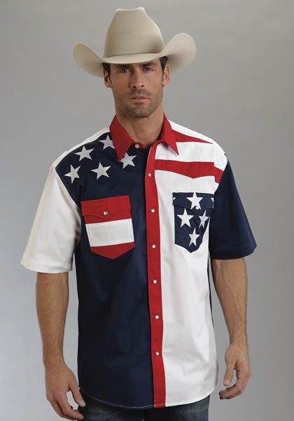 Roper Mens Americana Flag Snap Shirt Lg Blu