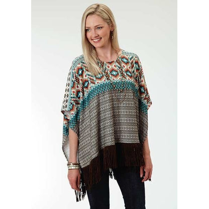 Roper Ladies Aztec Border Print Poncho ML Brn