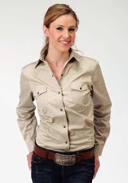 Roper Ladies Poplin Variegated Snap Shirt Md Tan