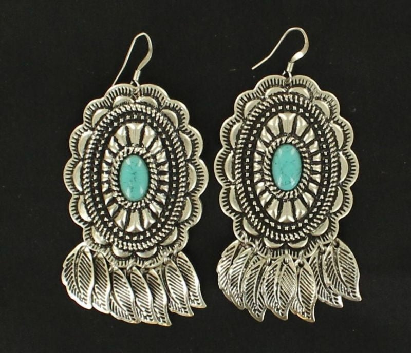 Fishhook Engraved Drop Feather EarringsTurq