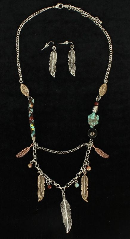 Multi Feather Beads Necklace/Earrings SetBk/Wh