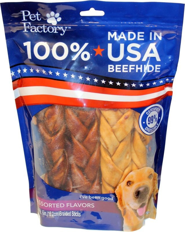 USA Beefhide Braided Sticks 6Pk 6in Beef/Chicken