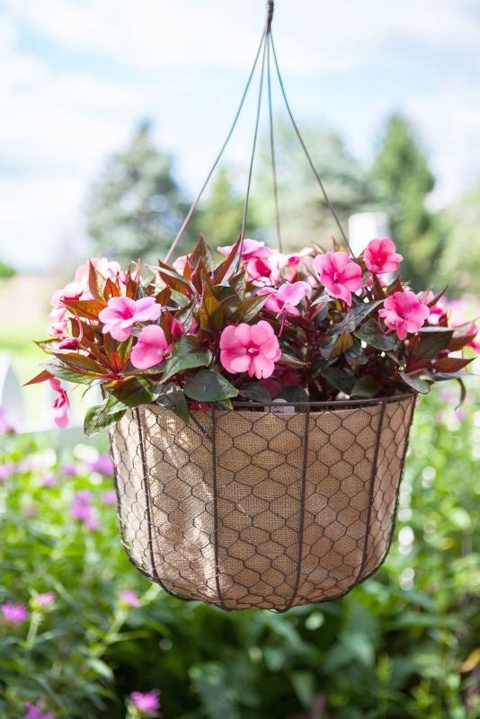 Rustic Hang Basket Wire Hanger 12in Rust Burlap