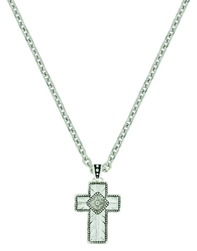 MontanaSilver Banded Feathered Cross NecklaceBk/Wh