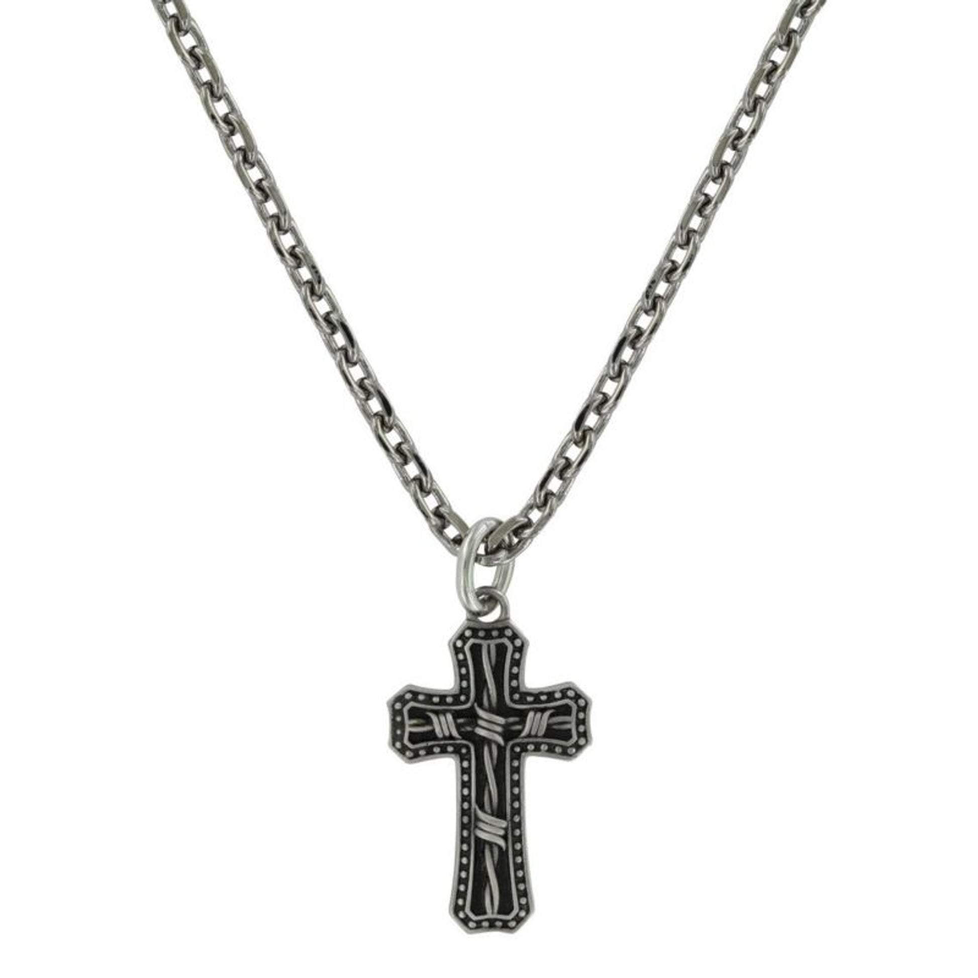 Antiqued Stainless Barbed Wire Cross Necklace