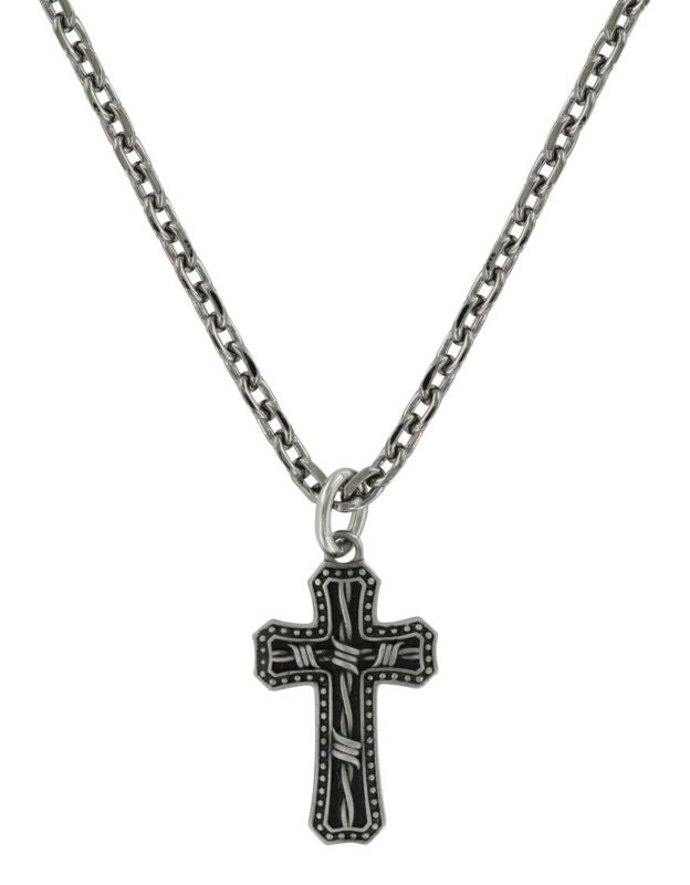 Antiqued Stainless Barbed Wire Cross Necklace