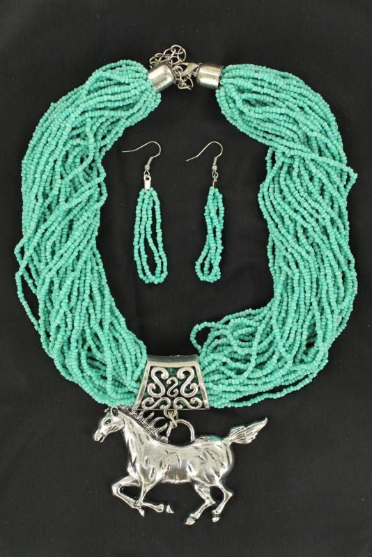 Horse Pendant Seed Bead Necklace/Earring Turquoise