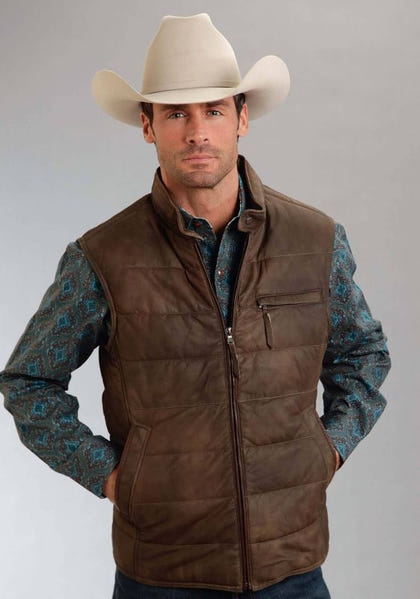 Stetson Men's Leather Puffy Vest - Brown Large Bro