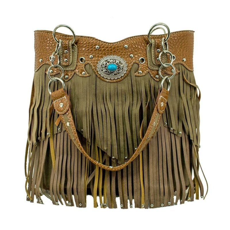 Bandana Handbag with Fringe 14.5" x 12" x 6" Tan