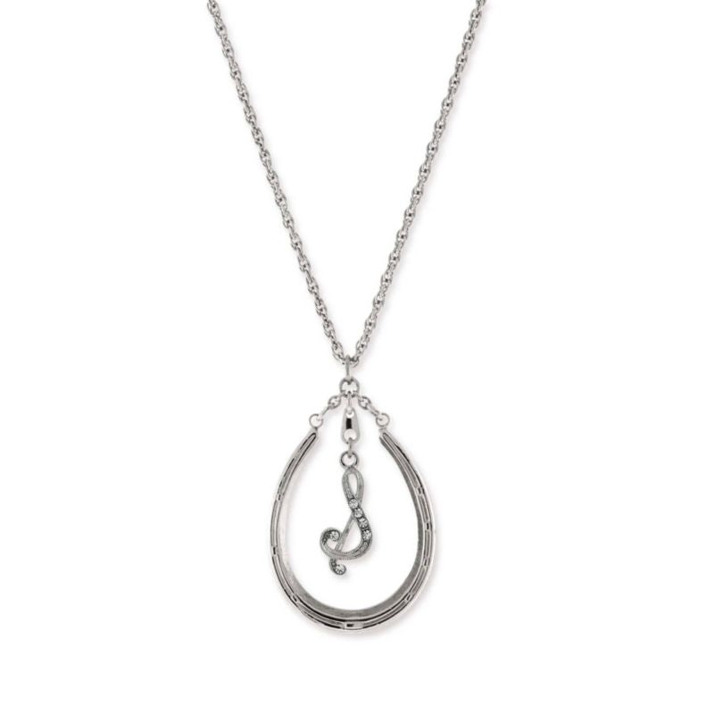 1928 Jewelry Pewter Horseshoe Crystal Initial Neck