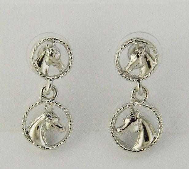 Horse Heads In Circles Earrings Silver
