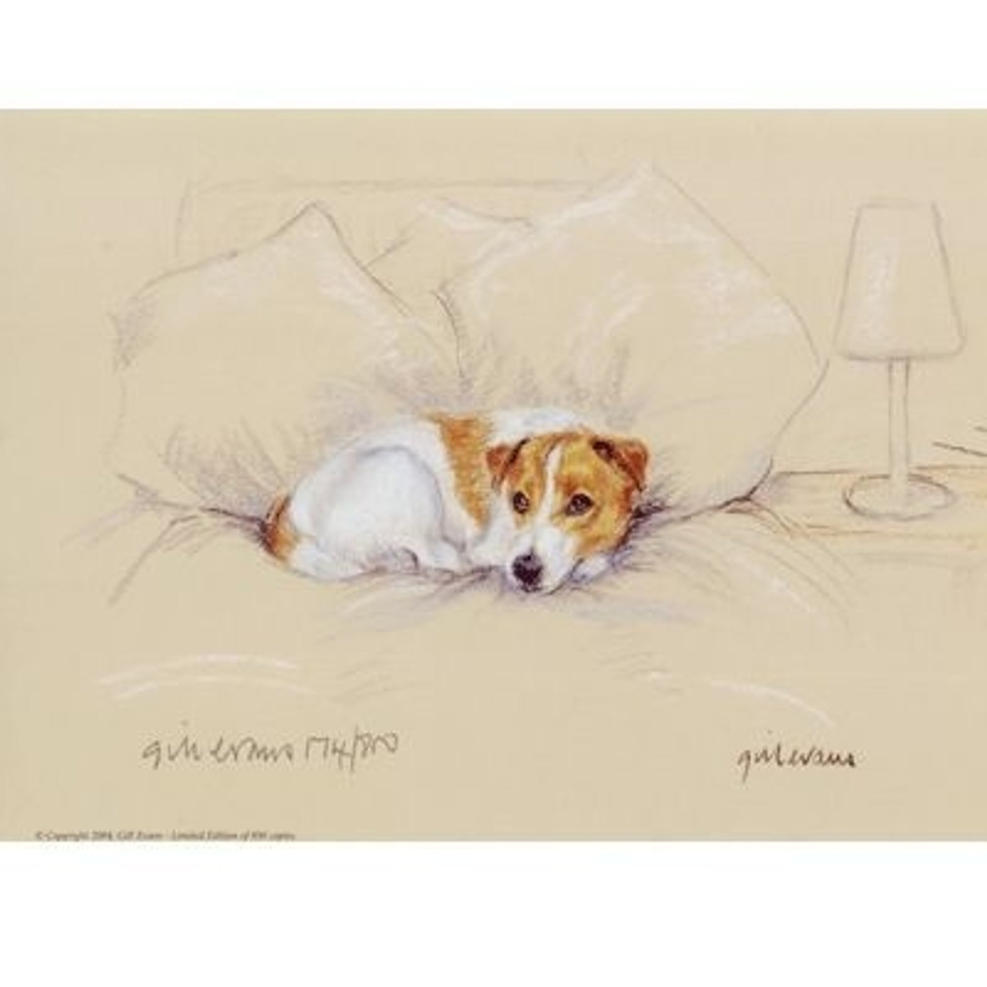 Terrier on Bed By Gill Evans Matted 12.75x10.75