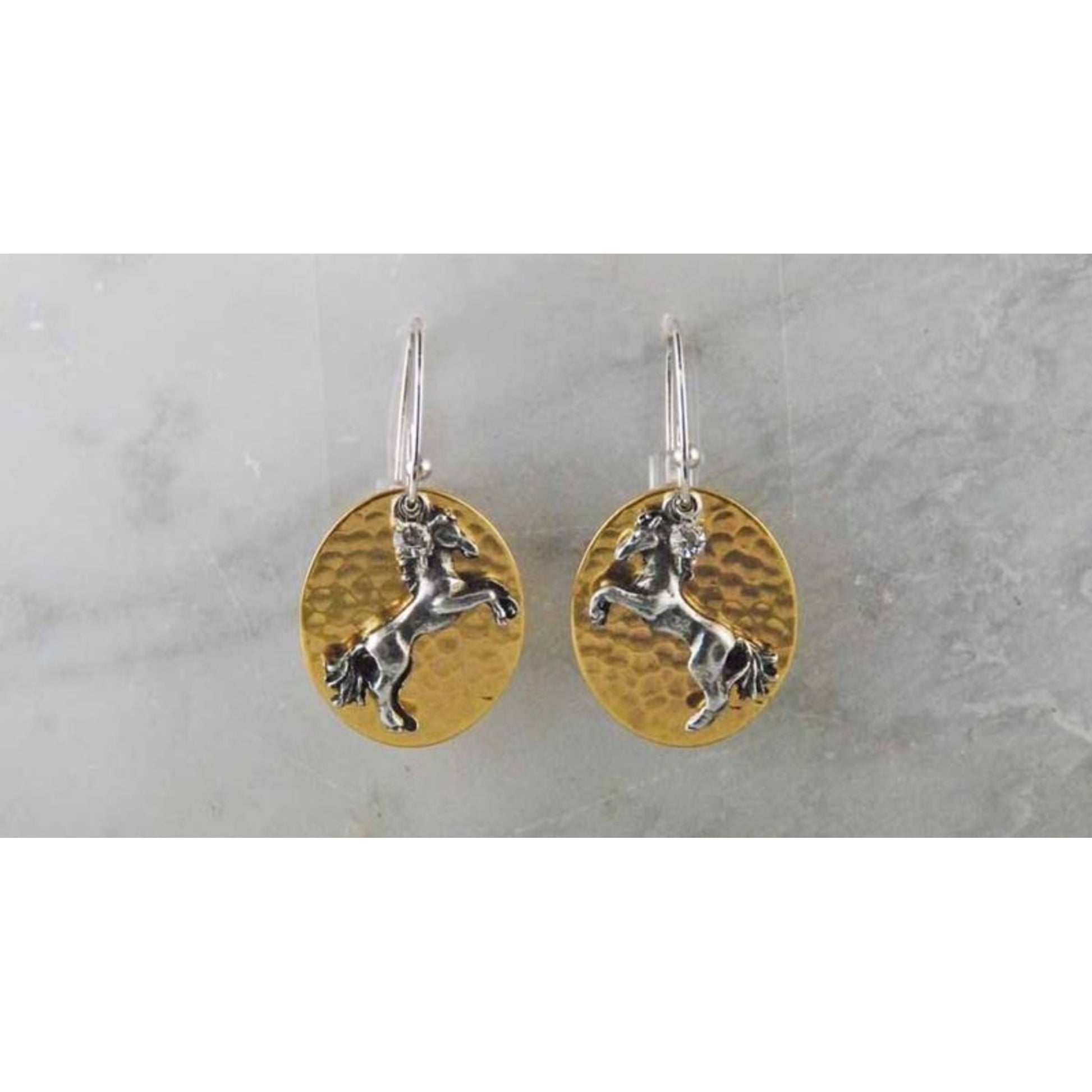 Fluffy Tail Horse On Oval Disc Wire Earrings Sil