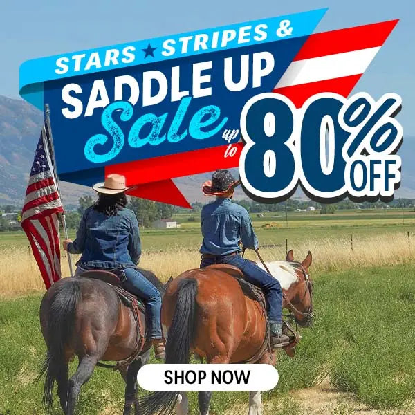 Two people on horses with an American flag, promotional text for a sale, and mountains in the background.