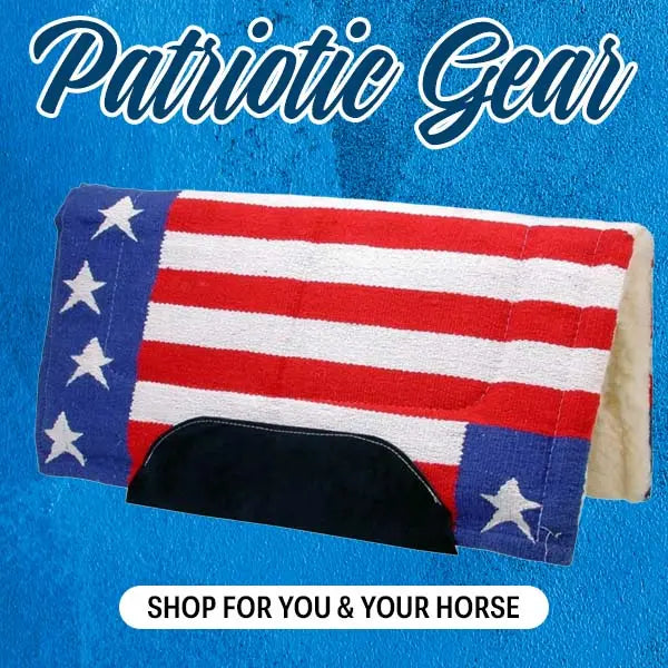 American flag-patterned horse blanket with stars and stripes on a blue background, labeled 'Patriotic Gear'.